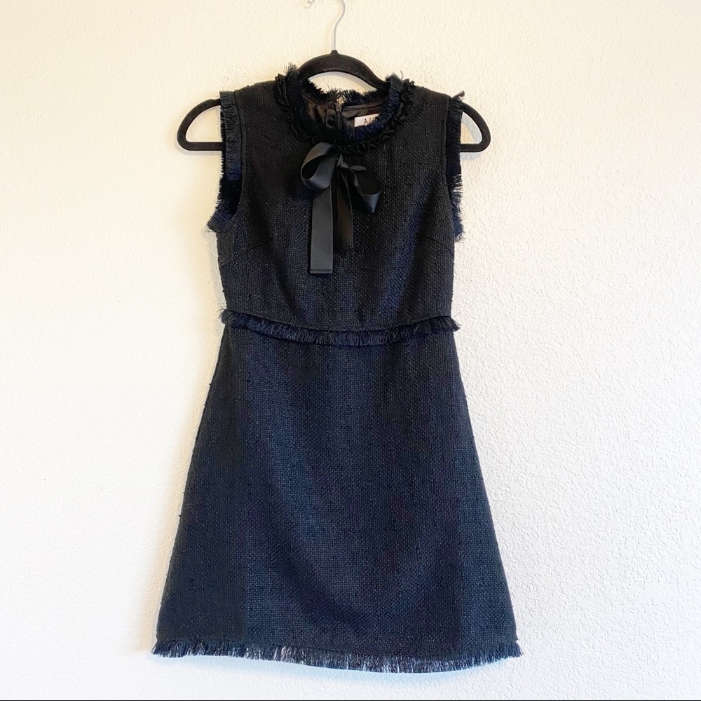 Bow Tie Neck Frayed Trim Tweed Dress small Medium